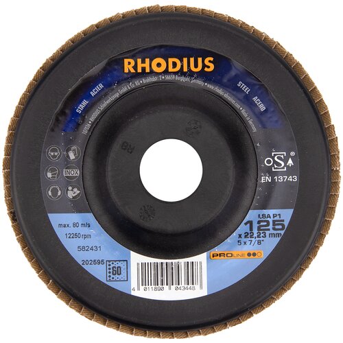 Универсальный наклонный шлифовальный круг RHODIUS из корунда по стали, дереву, для болгарки/УШМ, P60, 125x22,23 мм