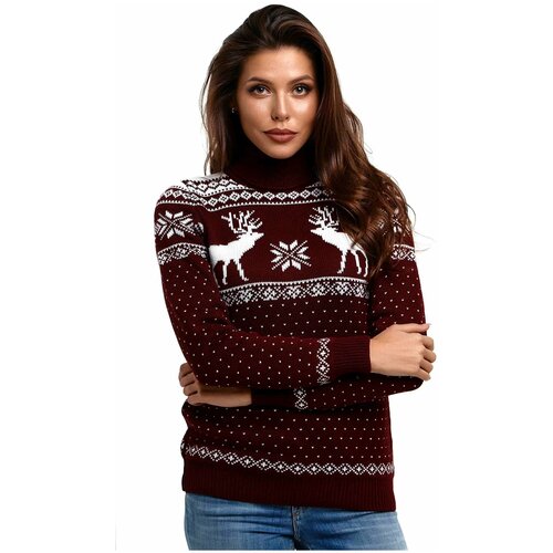 Шерстяной свитер, классический скандинавский орнамент с Оленями и снежинками, натуральная шерсть, бордовый, белый цвет, размер XL