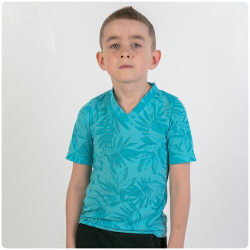 фото Tw21-534180201 футболка детская принт с вырезом v, бирюзовый папоротник, раз. 110 tuot