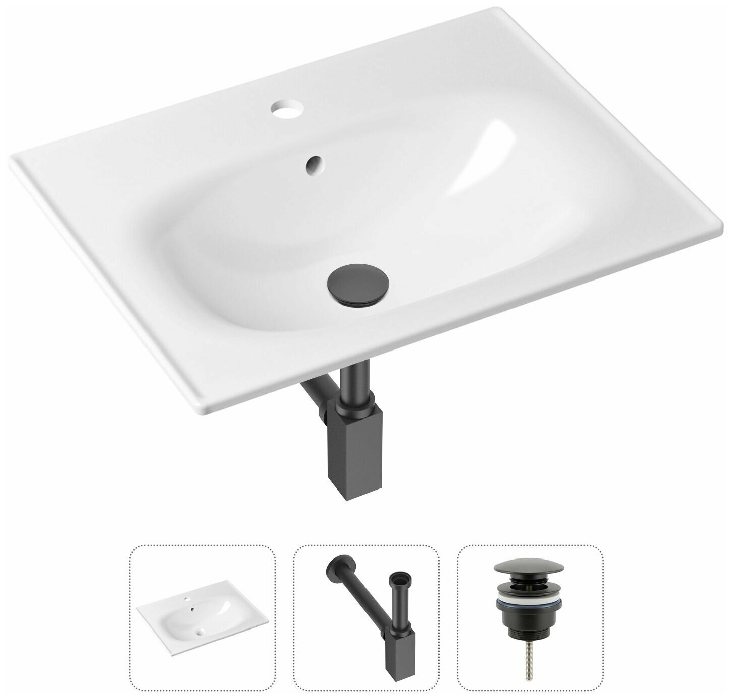 Комплект 3 в 1 Lavinia Boho Bathroom Sink 21520450: врезная фарфоровая раковина 60 см, металлический сифон, донный клапан