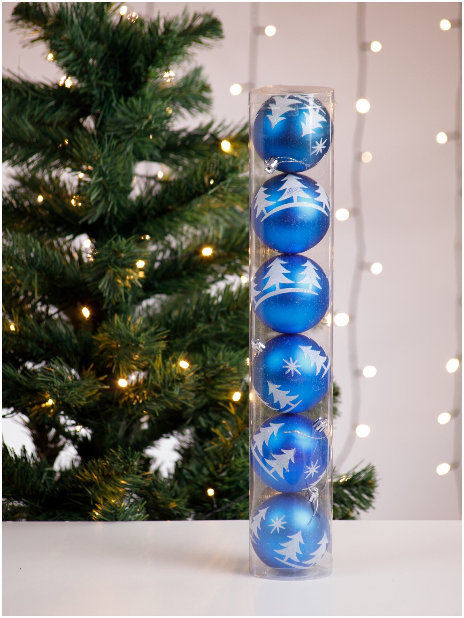 Набор елочных украшений "Шары" (синий/принт "белая елка, маленькие снежинки", 8 см), 6 шт 00064