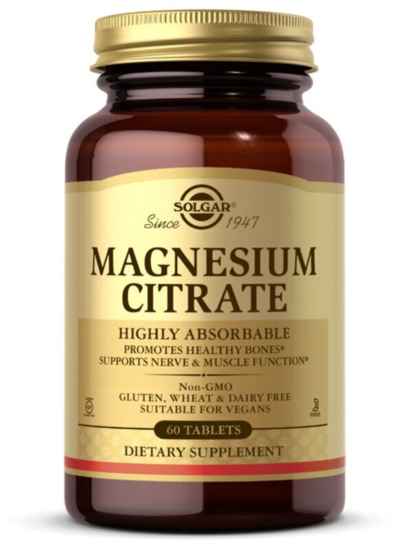 БАД Solgar Magnesium Citrate, дозировка 200 мг, 60 штук, для взрослых