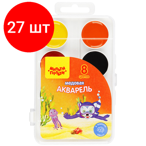 Комплект 27 шт, Акварель Мульти-Пульти Енот в Красном море, медовая, 08 цветов, без кисти, пластик, европодвес