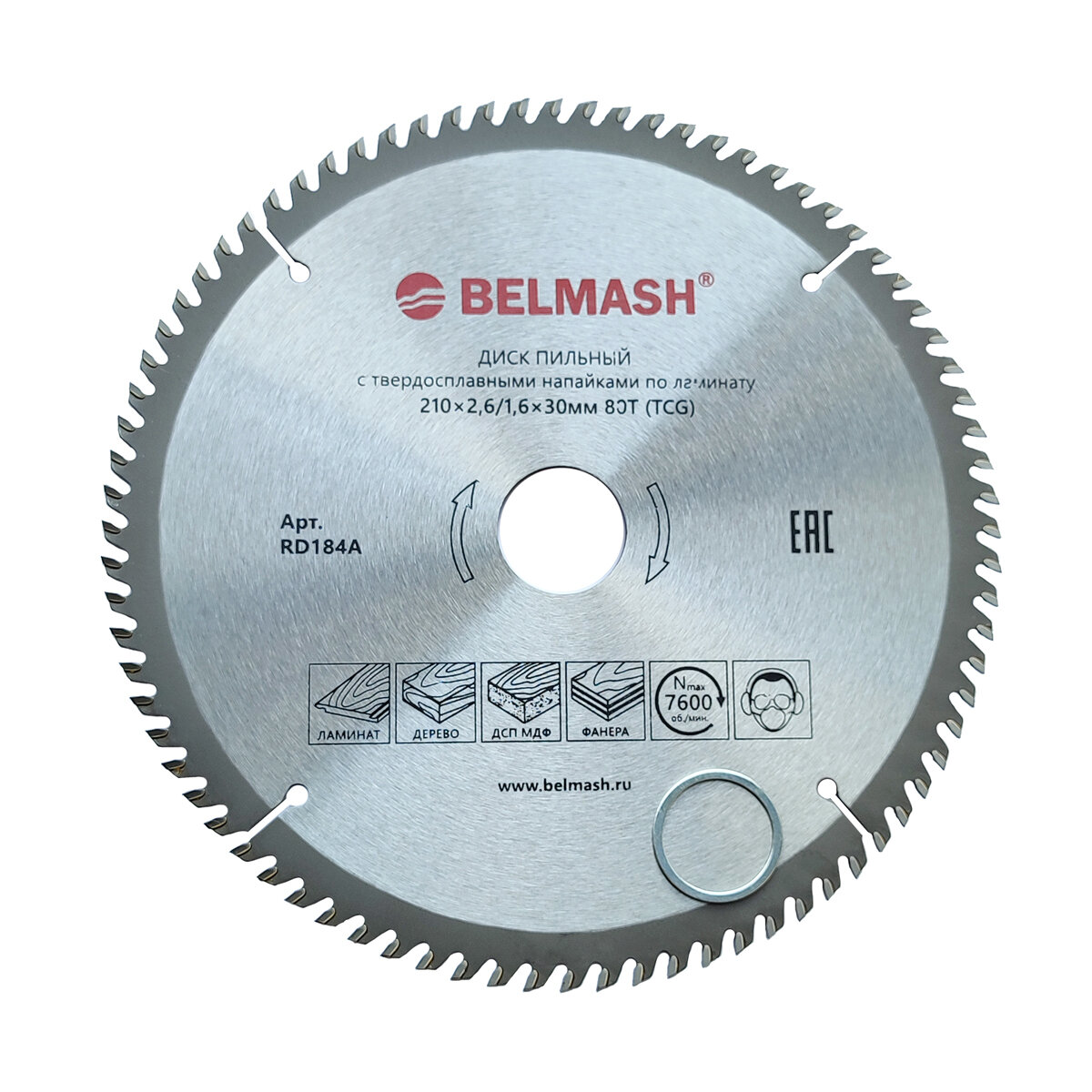 Диск пильный по ламинату BELMASH 210x2,6/1,6x30 80T, RD184A