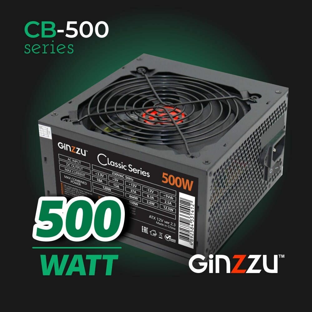 Блок питания Ginzzu 500W (CB500) ATX ,12CM, кабель питания, 3 года гарантии