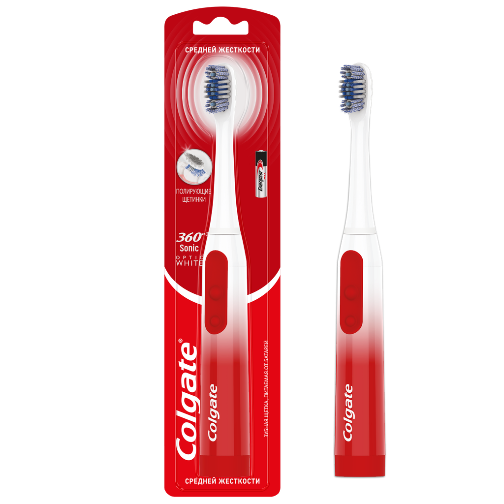 Зубная щетка электрическая COLGATE 360 Sonic Optic White отбеливающая, на батарейках, средней жесткости