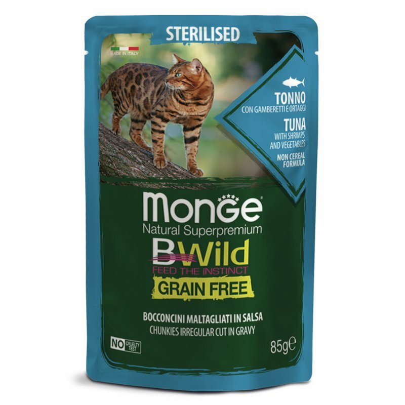 Влажный корм для стерилизованных кошек Monge BWILD Feed the Instinct, беззерновой, с тунцом, с креветками, с овощами 85 г (кусочки в соусе)
