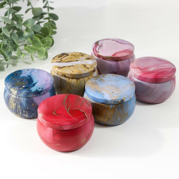 фото Шкатулка металл круглая "Цветной мрамор с золотыми трещинками" микс 5х7х7 см