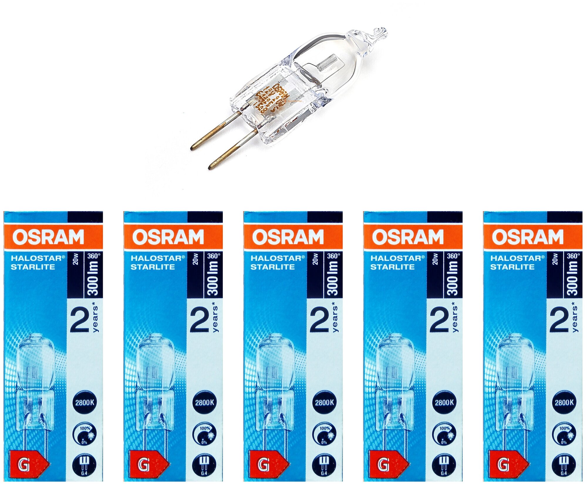 Лампа накаливания OSRAM G4 20W 12V Капсула 300Лм 2800К Германия Теплый белый, уп. 5шт