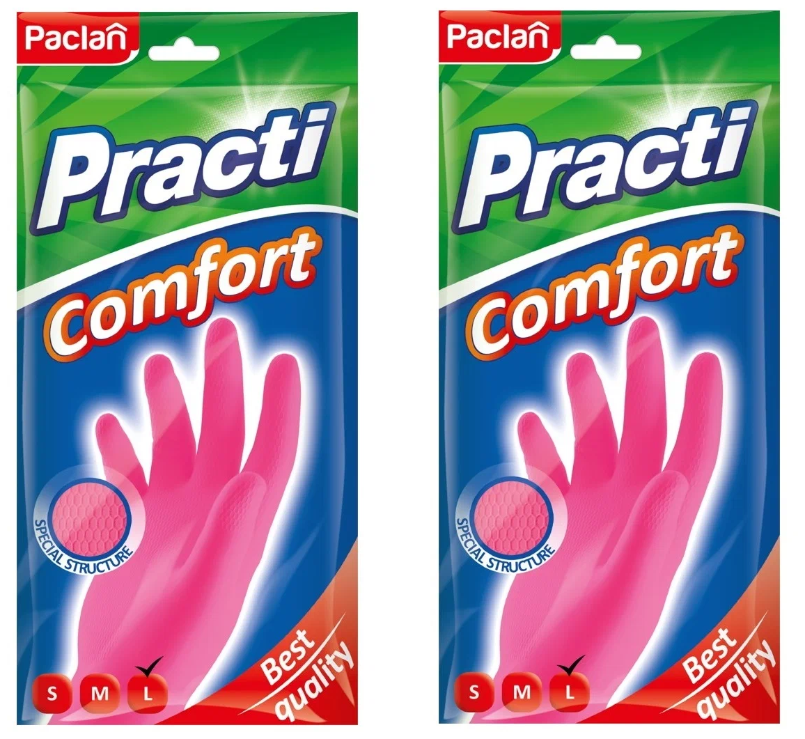 Комплект Paclan Перчатки резиновые Comfort (L) розовые 1 пара х 2 упак.