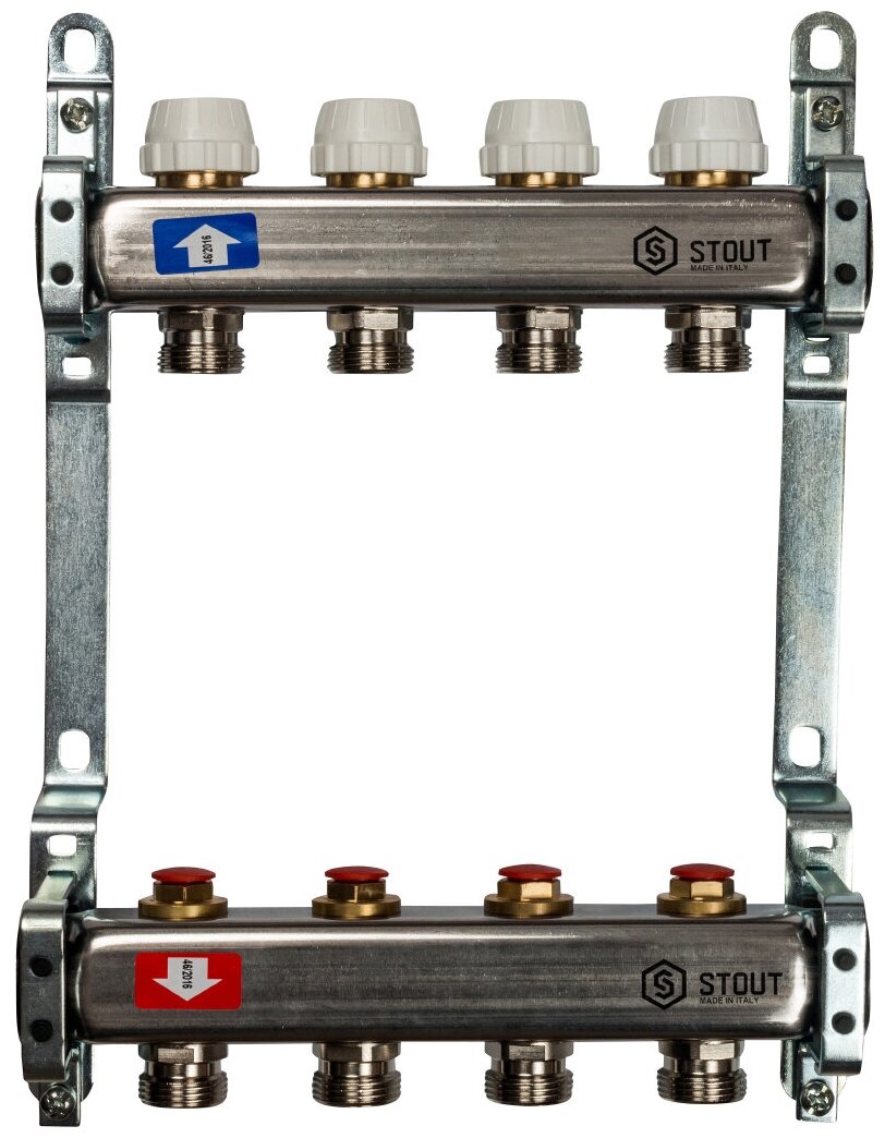 Распределительный коллектор Stout SMS с регулирующими вставками на 4 контура 1"х3/4"