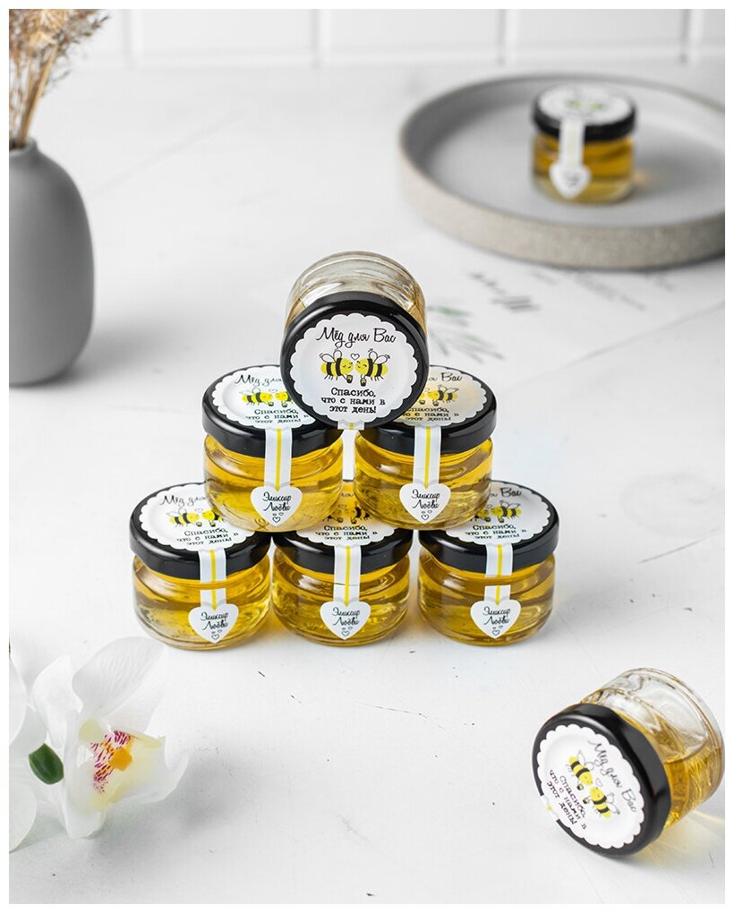 Набор свадебных бонбоньерок (свадебные комплименты для гостей) "Пчелки", 9 баночек с медом по 35 грамм