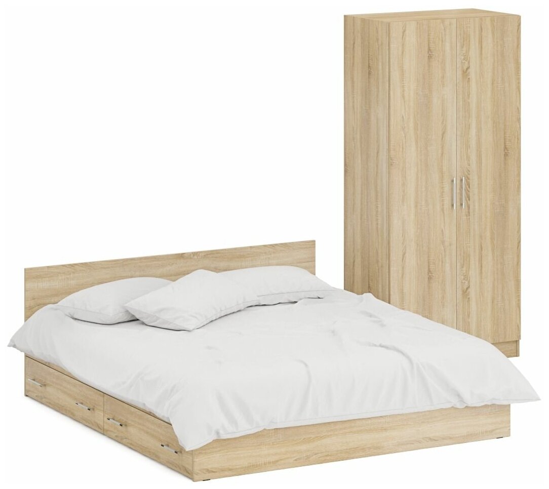 Кровать двуспальная с ящиками 1800 со шкафом для одежды 2-х створчатым Стандарт, цвет дуб сонома, спальное место 1800х2000 мм, без матраса, основание