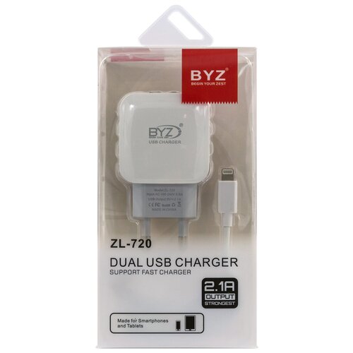 Сетевое ЗУ BYZ ZL-720, 2хUSB-А, 2.1А + кабель (AM-8pin (Lightning), 1 м, белый officesuite family subscription на 1 год на 3 устройства 1 windows пк и 2 мобильных устройства android ios до 6 пользователей
