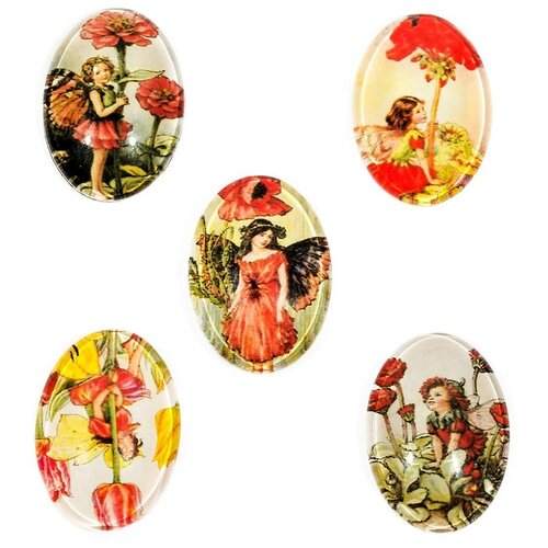 фото Набор стеклянных кабошонов с ламинированной наклейкой-принтом, размер каждого кабошона: 25х18х5 мм, форма: овал, вес: 3 грамма, 5 шт. kaboshon