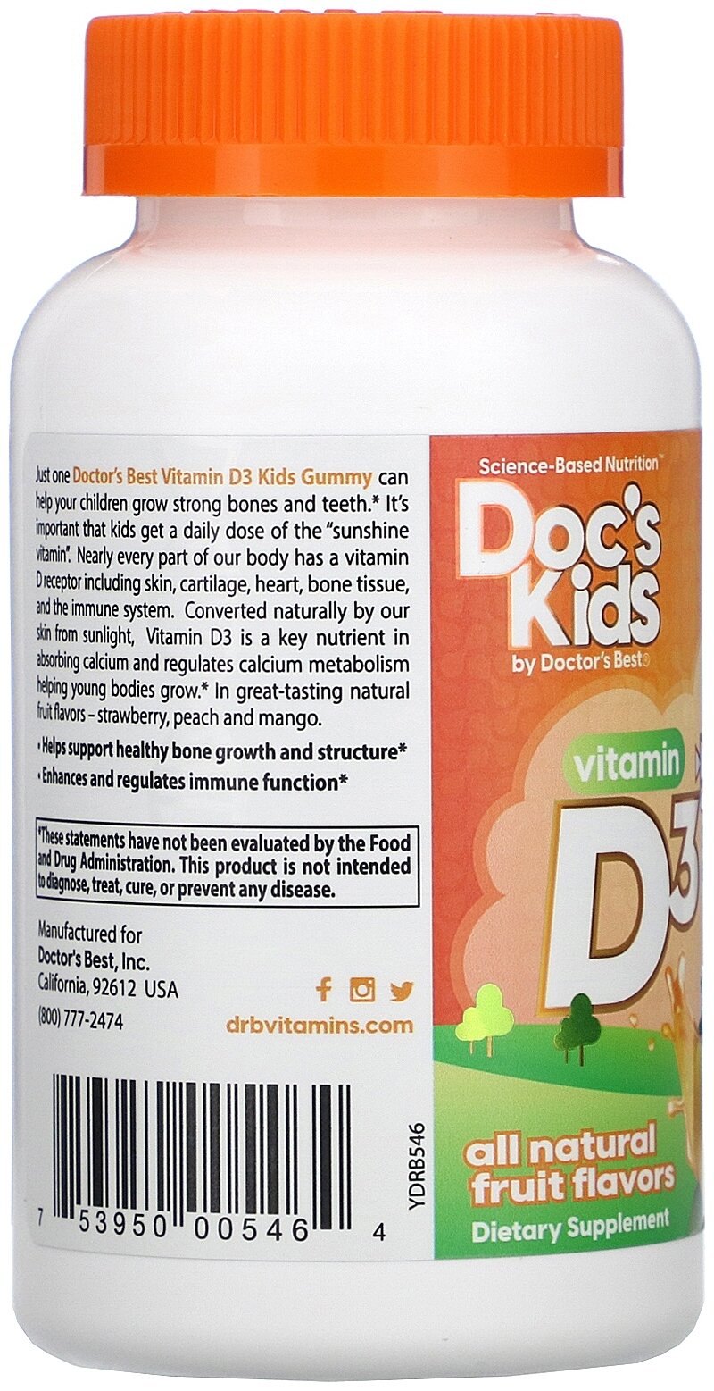 Пастилки Doctor's Best Doc's Kids Vitamin D3 Gummies натуральный фруктовый вкус 25 мкг (1000 МЕ), 230 г, 1000 ME, 60 шт.