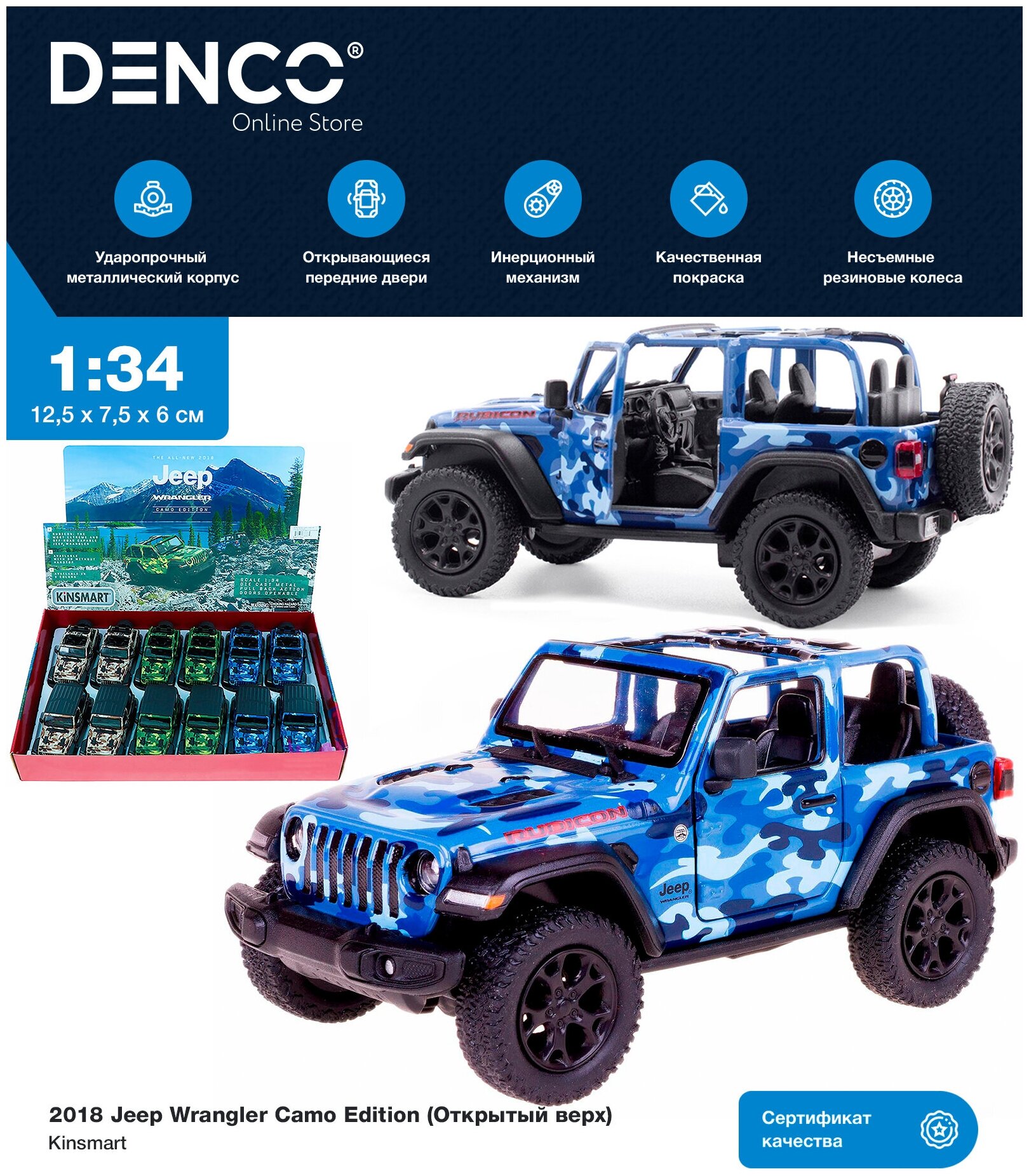 Металлическая машинка Kinsmart 1:34 "2018 Jeep Wrangler Camo Edition (Открытый верх)"KT5420DA инерционный / Синий