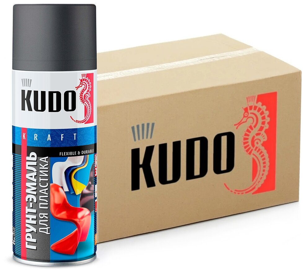 Краска-грунт для пластика KUDO, графитовый, аэрозоль, 520 мл, упаковка 12 шт.