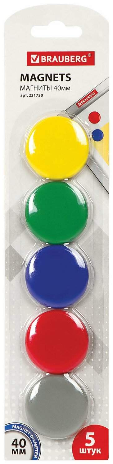 Магниты большого диаметра, 40 мм, комплект 5 штук, цвет ассорти, в блистере, STAFF, 231730