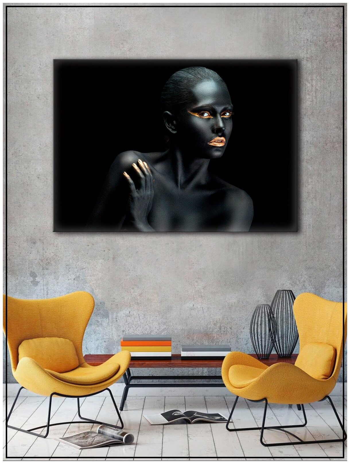 Картина для интерьера на натуральном хлопковом холсте "Девушка черное золото", 30*40см, холст на подрамнике, картина в подарок для дома