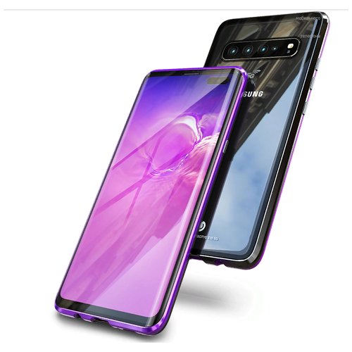 Чехол-бампер MyPads для Samsung Galaxy S10+ Plus SM-G975F магнитный из закаленного стекла и металла с двухсторонней прозрачной крышкой металлический защитный противоударный фиолетовый