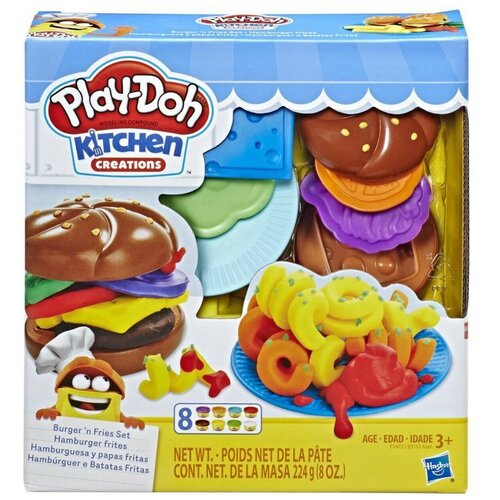 Набор для лепки Плей-До Забавные закуски - Бургер и картофель фри PLAY-DOH E5472, пластилин.