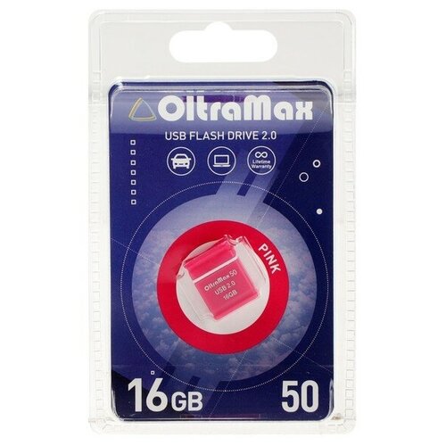 Флешка OltraMax 50, 16 Гб, USB2.0, чт до 15 Мб/с, зап до 8 Мб/с, розовая