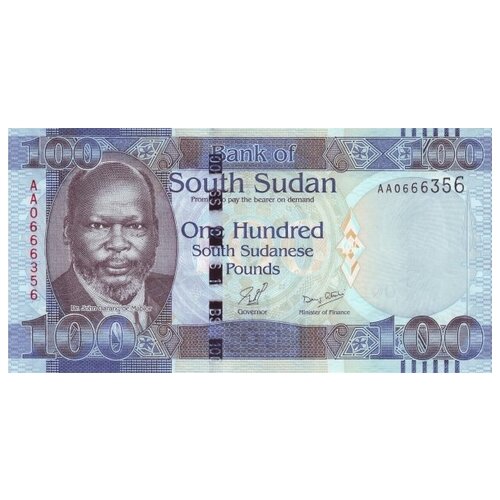 южный судан банкнота 100 фунтов 2019 лев джон гаранг де мабиор unc Южный Судан 100 фунтов 2011 г «Лев у водопада» UNC