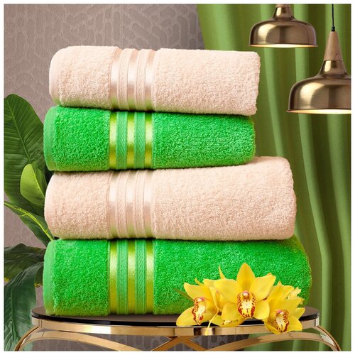 фото Набор из 4 полотенец harmonika цвет: зеленый, светло-бежевый (50х80 см - 2 шт, 70х130 см - 2 шт) dome