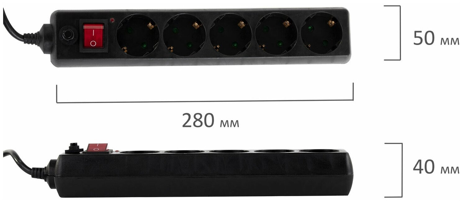 Сетевой фильтр SONNEN U-3513, 5 розеток, с заземлением, выключатель, 10 А, 3 м, черный, 513489 - фотография № 7