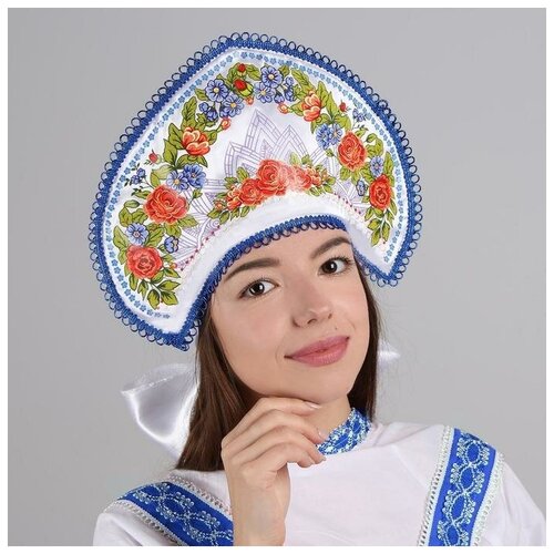 Кокошник Павлово-Посадский, красно-синие цветы карнавальный костюм страна карнавалия рубаха русская мужская синие цветы атлас размер 52 54 белый
