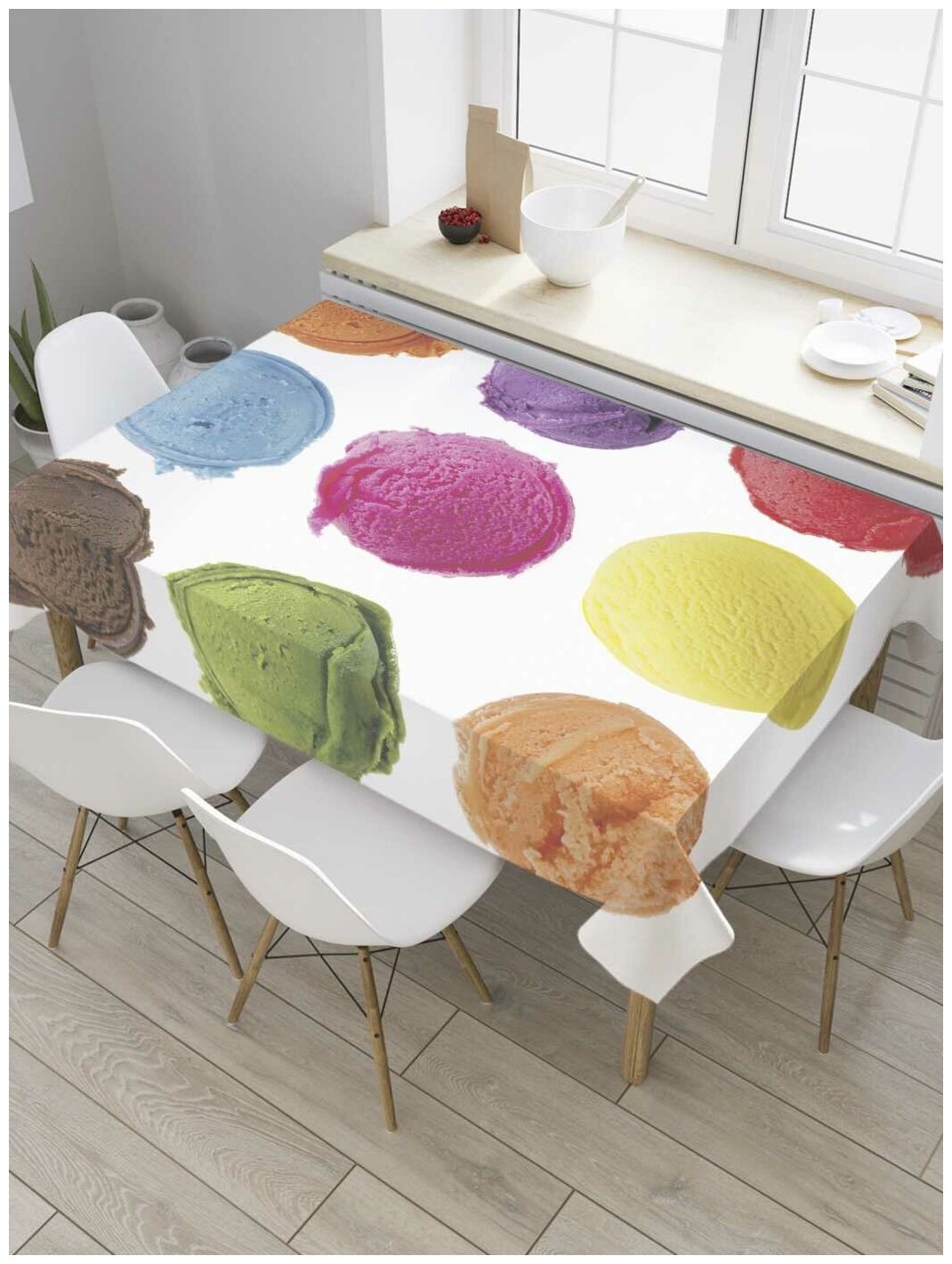 Скатерть прямоугольная JoyArty на кухонный стол "Мороженое разных цветов" из оксфорда, 120x145 см