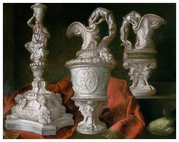 Репродукция на холсте Натюрморт с серебряными чашами (Still life with silver bowls) Мейфрен Конте 64см. x 50см.