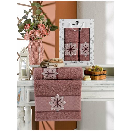 фото Подарочный набор полотенец для ванной 50х90, 70х140 merzuka bella vita хлопковая махра брусничный merzuka (турция)