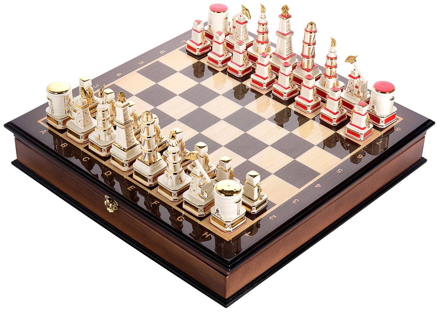 Шахматы деревянные с фарфоровыми фигурами "Газ и нефть". Гжель 49х49 см