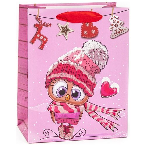 фото Пакет подарочный, новогодняя птичка в шапочке, розовый, с блестками, 23*18*10 см, 1 шт. дон баллон