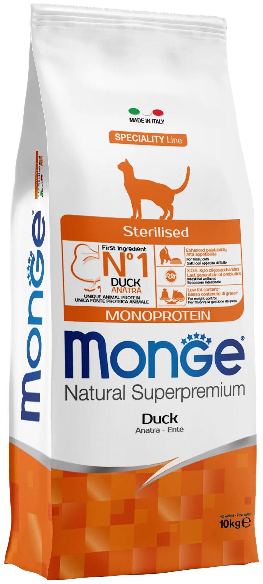 Сухой корм MONGE SPECIALITY MONOPROTEIN CAT STERILISED DUCK монобелковый для взрослых кастрированных котов и стерилизованных кошек с уткой (10 кг)