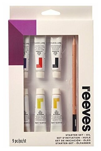 Reeves Набор для художника (масляные краски 6 цветов 10 мл, кисточка щетина №10, карандаш), 9 предметов