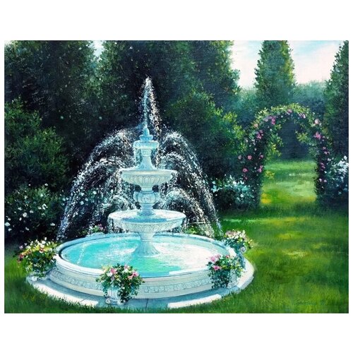 фото Картина на холсте маслом "фонтан на лужайке в саду" 70 x 52 см. автор: солодкая инна (багетная рама в подарок) бачетта