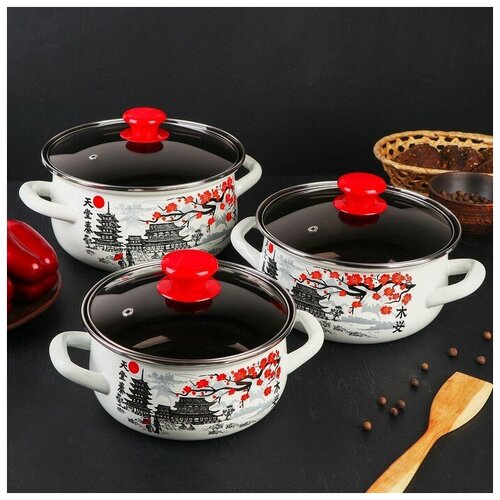 Набор кастрюль Ветка сакуры 3 предмета 15 л 2 л 3 л стеклянная крышка индукция цвет белый 5807₽