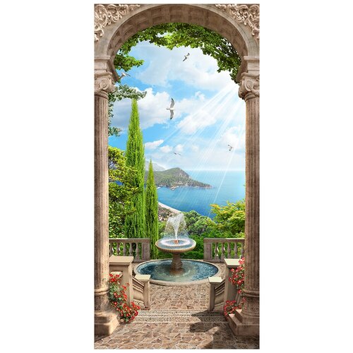 Фотообои Уютная стена Каменная арка с видом на сады и море 130х270 см Виниловые Бесшовные (единым полотном)