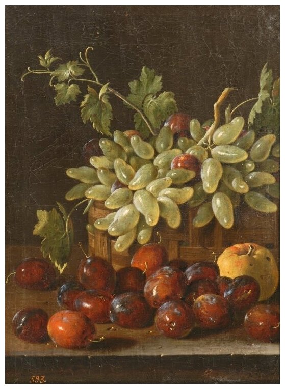 Репродукция на холсте Корзина с виноградом, сливами и яблоком Мелендес Луис 30см. x 41см.