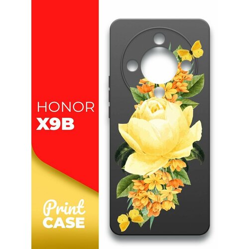 Чехол на Honor X9b (Хонор Х9б) черный матовый силиконовый с защитой (бортиком) вокруг камер, Miuko (принт) Желтые Розы