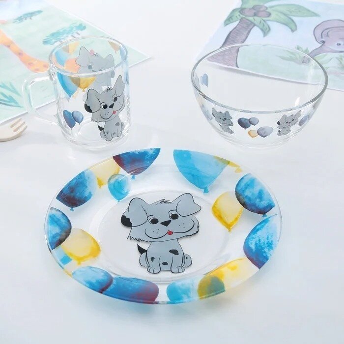 Набор посуды для детей, Шарик, комплект из 3 предметов: кружка 200 мл, миска 450 мл, тарелка 20 см