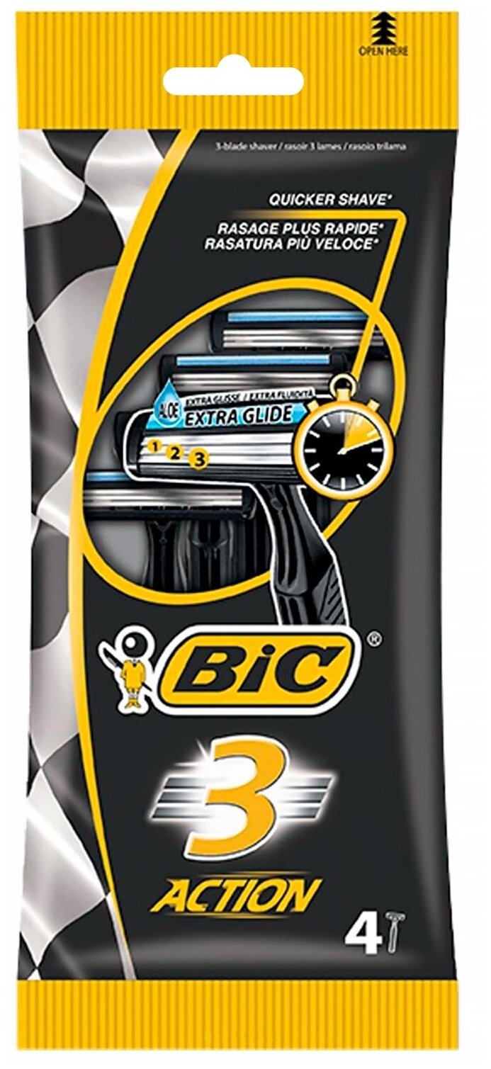 BIC Бритва мужская одноразовая, 3 лезвия, увлажняющая полоска, 3 Action, уп. 4 шт.