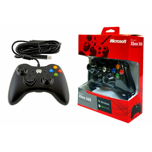 Джойстик проводной XBox 360 Black (красная упаковка)