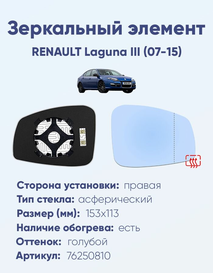 Зеркальный элемент правый RENAULT Laguna III (07-15) асферика голубой с обогревом