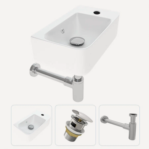 Изображение товара Раковина подвесная для ванной Teymi Hanna 45 правая + донный клапан клик-клак с переливом хром и сифон хром F07558