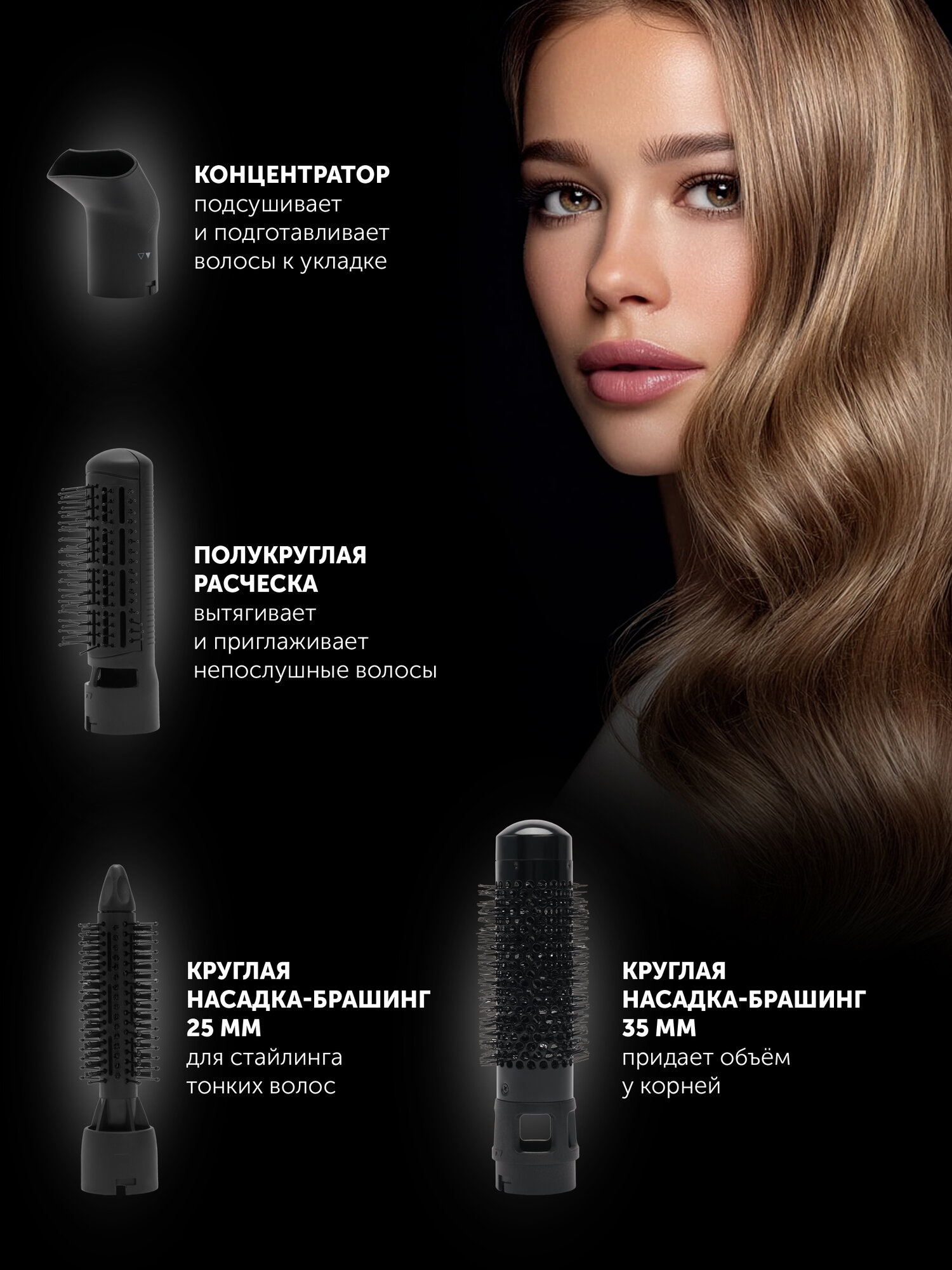 Фен-расческа Polaris PHS 1204i Dreams Collection, с 4-мя насадками, серый — фото 1