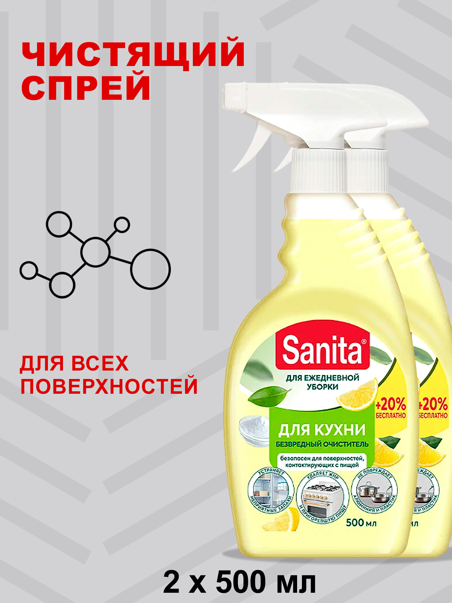 Чистящее средство спрей санита для кухни и всех поверхностей, 500 мл (2 шт)